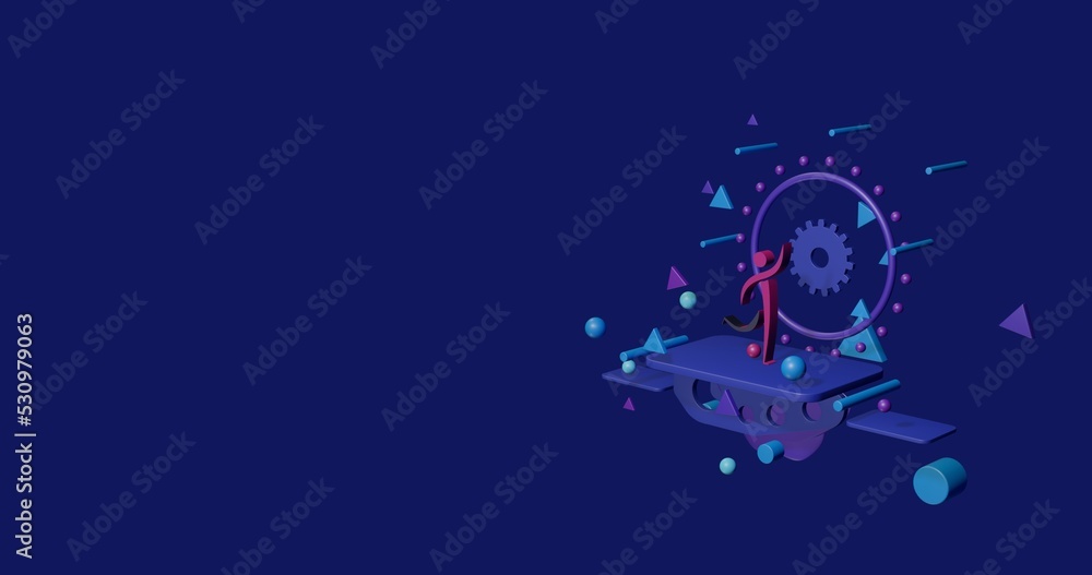Pink football soccer symbol on a pedestal of abstract geometric shapes floating in the air. Abstract concept art with flying shapes on the right. 3d illustration on indigo background