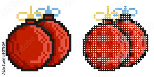 Pixel icon. New Year glass ball, decoration for Christmas tree. Simple retro game vector isolated on white background
