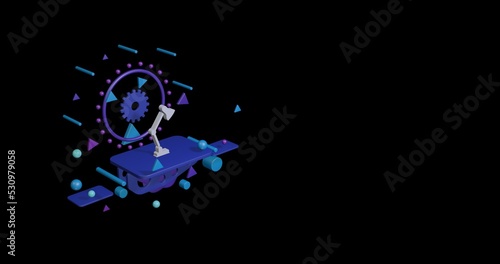 White table lamp symbol on a pedestal of abstract geometric shapes floating in the air. Abstract concept art with flying shapes on the left. 3d illustration on black background