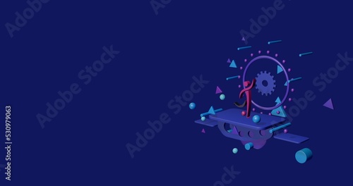 Pink football soccer symbol on a pedestal of abstract geometric shapes floating in the air. Abstract concept art with flying shapes on the right. 3d illustration on indigo background