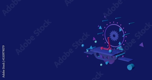 Pink kick scooter symbol on a pedestal of abstract geometric shapes floating in the air. Abstract concept art with flying shapes on the right. 3d illustration on indigo background