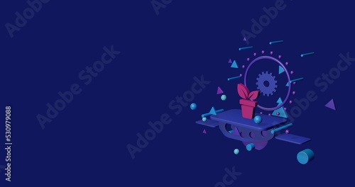 Pink plant in pot symbol on a pedestal of abstract geometric shapes floating in the air. Abstract concept art with flying shapes on the right. 3d illustration on indigo background © Alexey