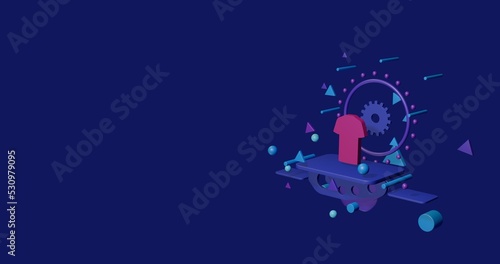Pink t-shirt symbol on a pedestal of abstract geometric shapes floating in the air. Abstract concept art with flying shapes on the right. 3d illustration on indigo background © Alexey