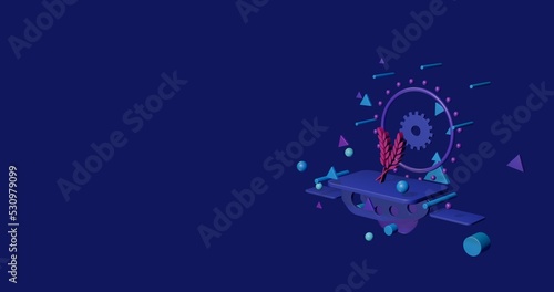 Pink wheat symbol on a pedestal of abstract geometric shapes floating in the air. Abstract concept art with flying shapes on the right. 3d illustration on indigo background