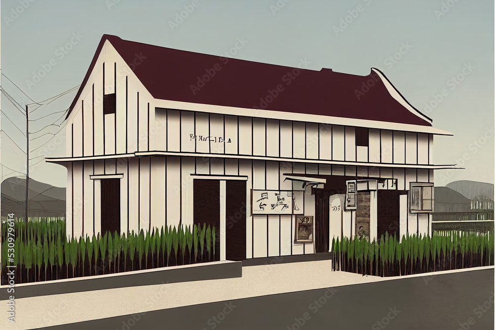 Freestanding Old Fashion Grocery Store Lawn House. Fantasy Backdrop Concept Art Realistic Illustration Video Game Background. Digital Painting CG Artwork. Scenery Artwork Serious Book Illustration
