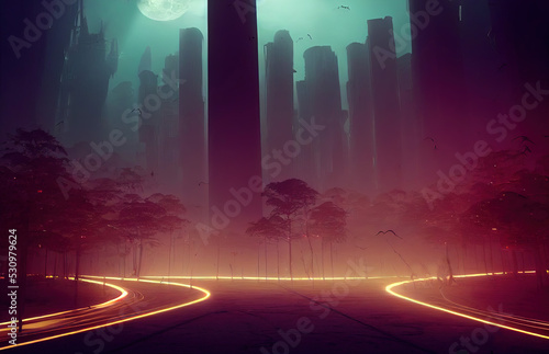 Futuristic City in the Night with Trees and Light. Fantasy Backdrop Concept Art Realistic Illustration Video Game Background. Digital Painting CG Artwork. Scenery Artwork Serious Book Illustration 
