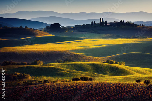beautiful tuscany landscape, sunset morning lights, peaceful background, digital illustration, digital painting, cg artwork, realistic illustration