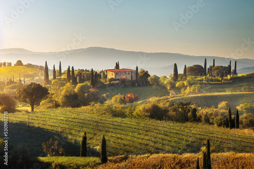 beautiful tuscany landscape, sunset morning lights, peaceful background, digital illustration, digital painting, cg artwork, realistic illustration