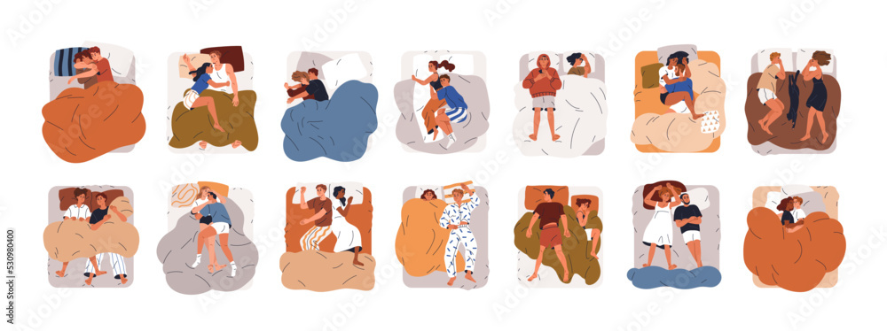 Fototapeta premium Couples sleep in beds set. Men and women asleep, lying in different positions, poses. People, wives and husbands dreaming under blanket. Flat graphic vector illustrations isolated on white background