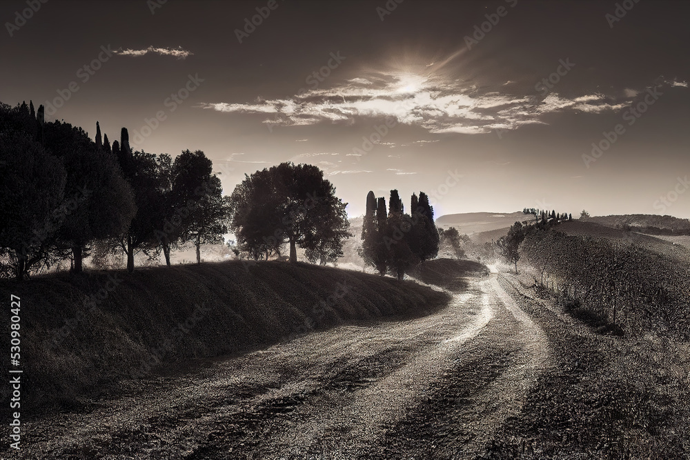 Obraz premium beautiful tuscany landscape, sunset morning lights, peaceful background