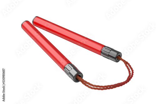 Red nunchaku with cord on transparent background photo