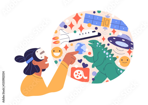 Person in VR headset and virtual reality experience. Digital world, cyberspace technology concept. Happy woman exploring cyber space. Flat graphic vector illustration isolated on white background