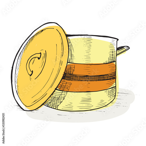 Saucepan. Open pot with a lid next to it. Hand-drawn in sketch style. Yellow vector illustration.