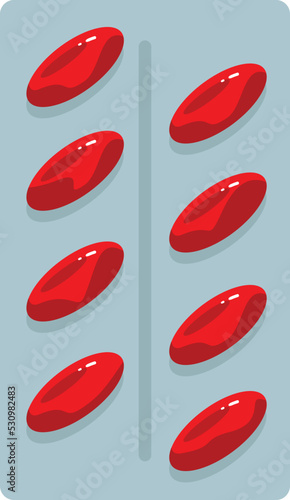 Red capsule blister icon cartoon vector. Pill pack. Drug medicine