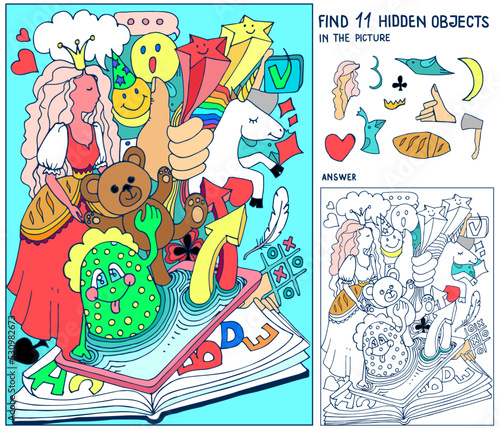 Find hidden objects. Picture with phone, book. Communication, social network. Puzzle for kids. Game for family celebration, school, party. Hand drawn vector illustration. Logic task.