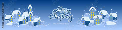 Merry Christmas and Happy New Year banner. Design horizontal poster with winter landscape with village houses. Vector illustration 