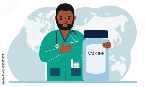 Pandemic, vaccination and health concept. Doctor with a bottle of vaccine.