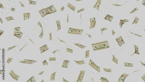 US Dollar Wallpaper with Twenty Dollar Bills. Wealth concept with Currency on White.