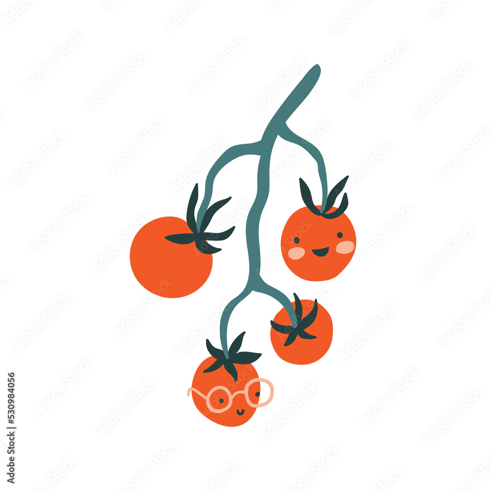 Vector hand-drawn isolated tomatoes branch with funny faces. Cute veggies on the white background. Fruit illustration. Vector hand-drawn isolated tomatoes branch with funny faces. Cute veggies on the white background. Fruit illustration.