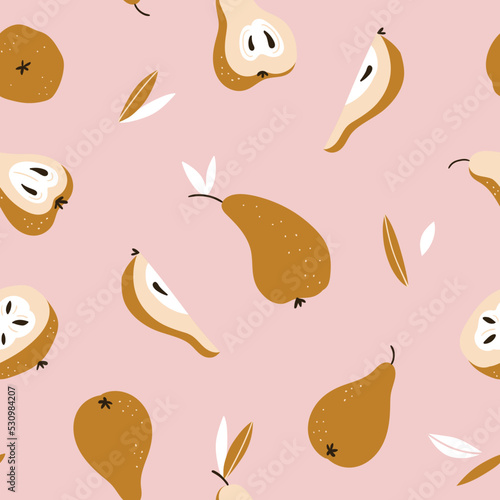 Cute vector hand-drawn pears on the pink background. Seamless fruit print design for fabrics or wrapping paper.