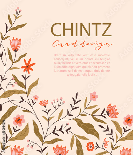 Chintz floral frame. Vector hand-drawn card design. Flowers motif for decoration. Сhintz border. Oriental folk design.