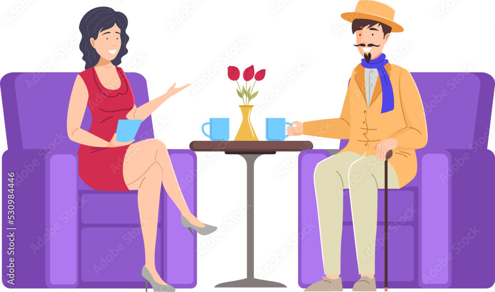 Couple of man and woman first meeting in public place Couple of man and woman first meeting in public place
