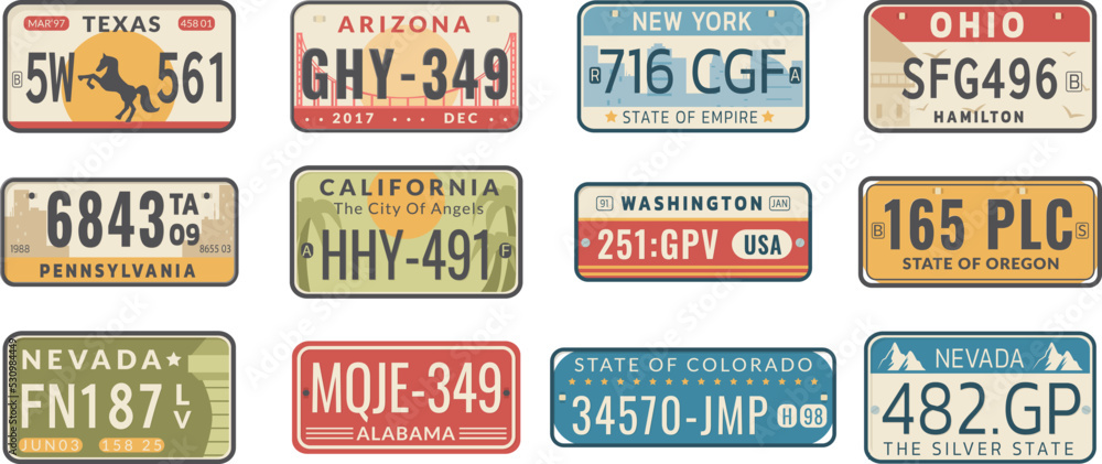 Set of USA states car vehicles registration plates. License registration signs of auto, motorcycle, truck. Road transport plates of Arizona, New York, Michigan, Nevada, California, Oregon vector