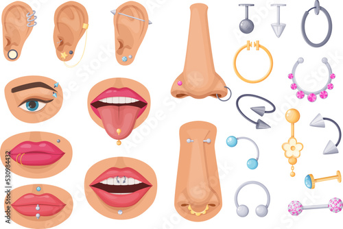 Piercings of different parts of human body set. Metallic silver and golden ring, earring, barbell, cone and ball. Fashion bijouterie for ear, nose, tongue, eyebrow