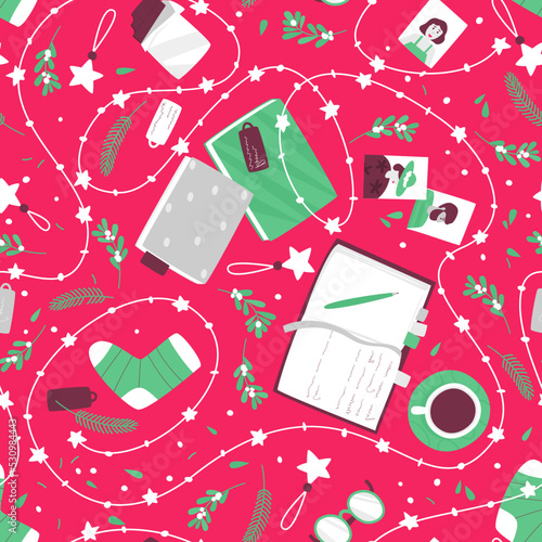 The idea of planning and dreaming in the Christmas and New Year holidays. Seamless pattern with the theme of coziness and comfort in the winter season on a red background. Flat vector illustration