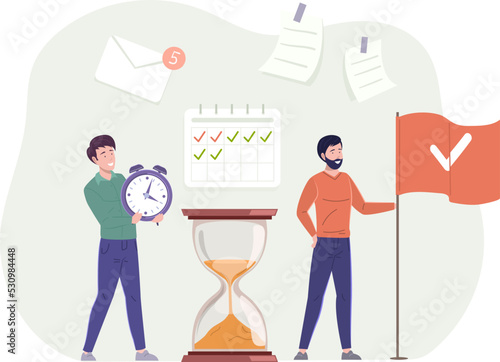 Business people planning time for productive efficiency work. Office team organizing working time, completing tasks and achieving goals. Workflow organization, time management, deadline flat vector