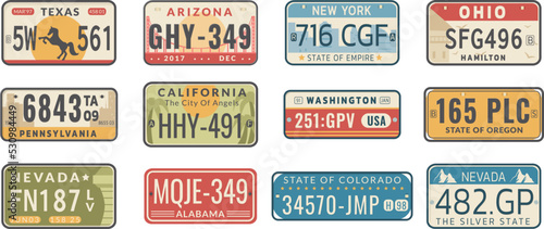 Set of USA states car vehicles registration plates. License registration signs of auto, motorcycle, truck. Road transport plates of Arizona, New York, Michigan, Nevada, California, Oregon vector