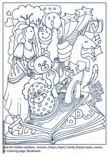 Coloring page with game find  hidden objects. Social network. Communication. Fantasy. Mobile, book. Coloring page. Education worksheet. Hand drawn vector illustration