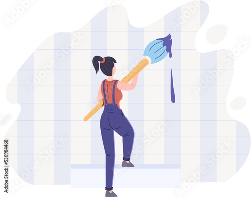 Young woman painter dyeing wall with paint brush. View from behind of girl in overalls painting walls. Worker of professional repair service or construction company flat vector