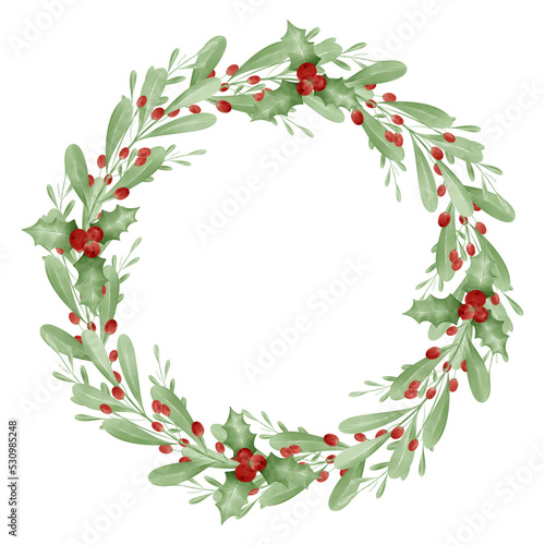 Watercolor Round wreath from dry twigs and Christmas tree branches with black and red berries isolated on white background. Flt lay. illustration