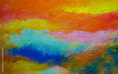 Colored bright abstract oil strokes on canvas, modern art background. Yellow, red, orange, blue watercolor high resolution texture. 