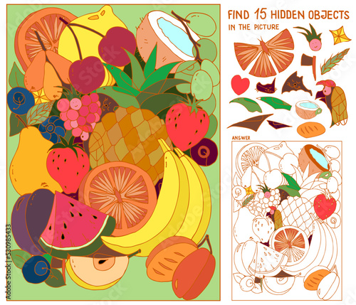 Fruit Puzzle Hidden items for kids. Find  hidden objects in the picture. Seek Butterfly, 2 cat, 4 bird, parrot, cup, star, heart, ax, wheat, bread, child face. Hand drawn vector.