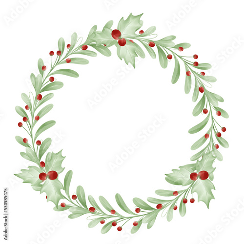 Watercolor Christmas wreath of branches boxwood with red berries and snowberry on a white background.