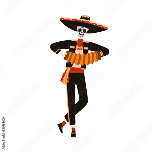 Mexican skeleton playing music with accordion for Day of Dead, Dia de los Mue...