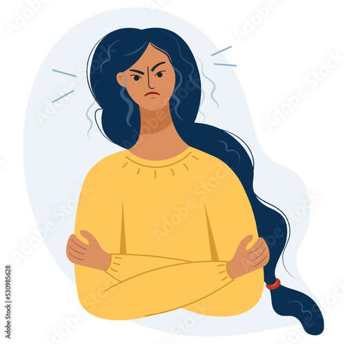 Angry, evil woman outraged irritated expression vector flat illustration. Dark skinned girl feels stress and negative emotions. Grumpy female character with a displeased expression.
