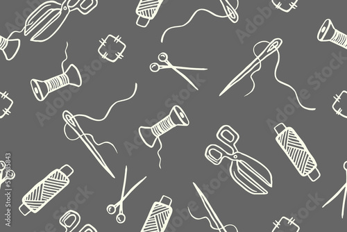 Seamless pattern with hand drawn sewing retro elements. Vector illustration hand drawn sewing tools