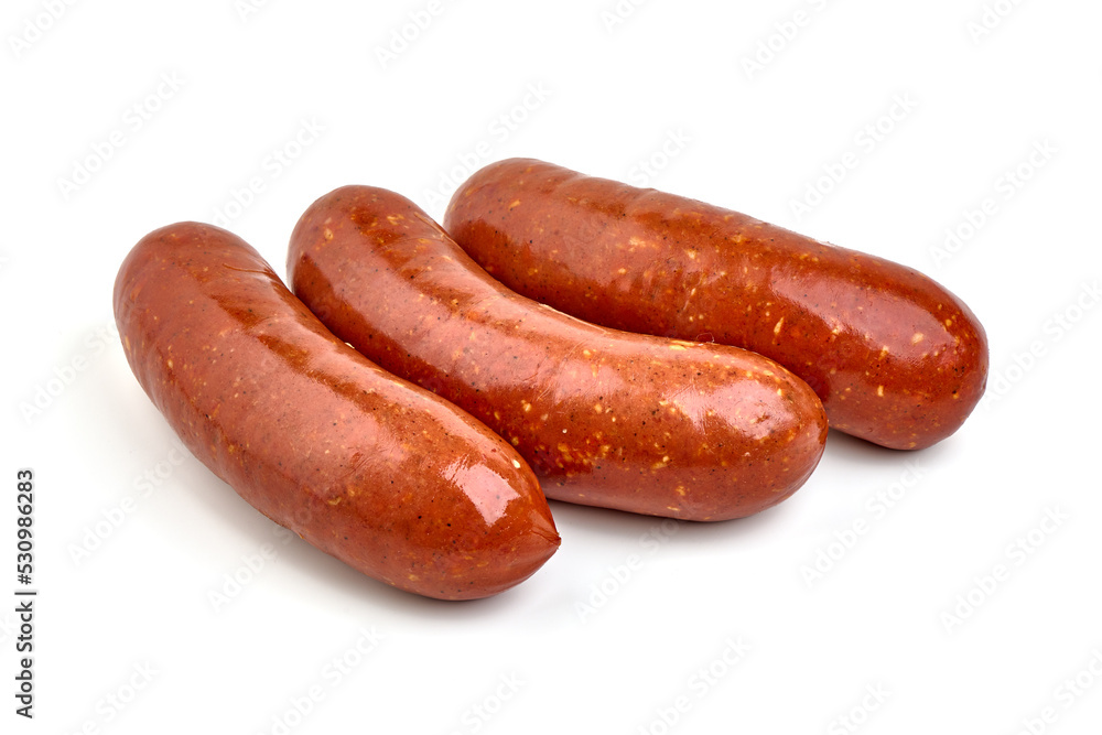 Smoked german sausages, isolated on white background. Smoked german sausages, isolated on white background.