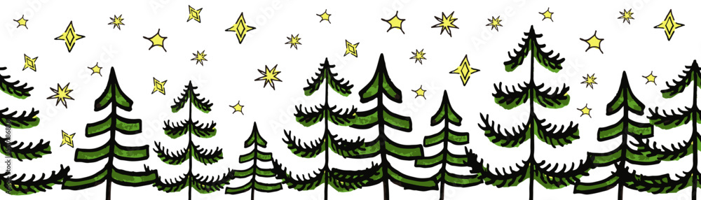 Obraz premium Christmas trees vector border. Seamless pattern hand drawn doodle trees green red. Decorative Winter holiday sketch design for ribbons, card decoration, scrapbooking, banners