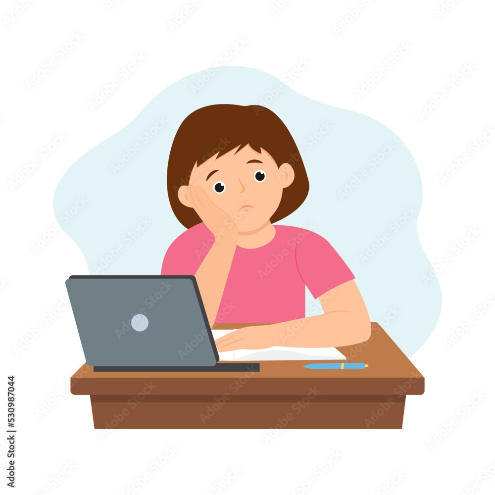 Sad kid with laptop does difficult homework. Online education for children. Vector illustration Sad kid with laptop does difficult homework. Online education for children. Vector illustration