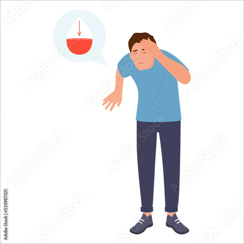 Man  feels tired,vertigo. Weak because of the lack of iron in the blood serum. The concept of anemia. Dizziness. Vector illustration, flat design.