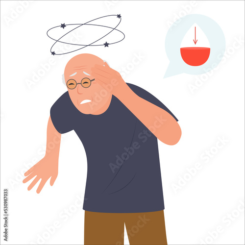 Elderly man  feels tired,vertigo. Weak because of the lack of iron in the blood serum. The concept of anemia. Dizziness. Vector illustration, flat design.