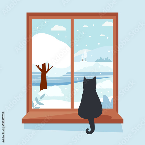 Winter window with view, apple pie  with and a coffee or tea cup on the sill.the sill. Cozy vector illustration in flat style