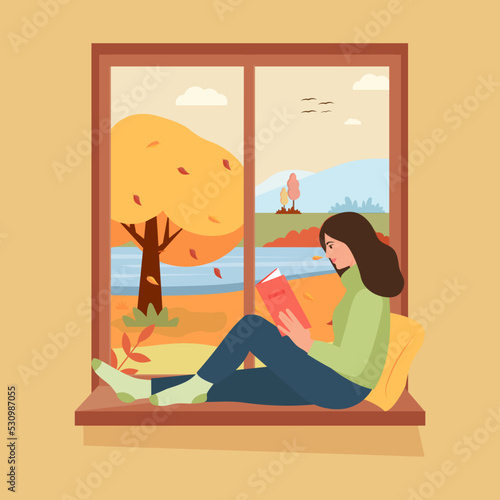 A girl sitting in windowsill and reading a book. Winter season lifestyle. Vector flat style. Cozy vector illustration