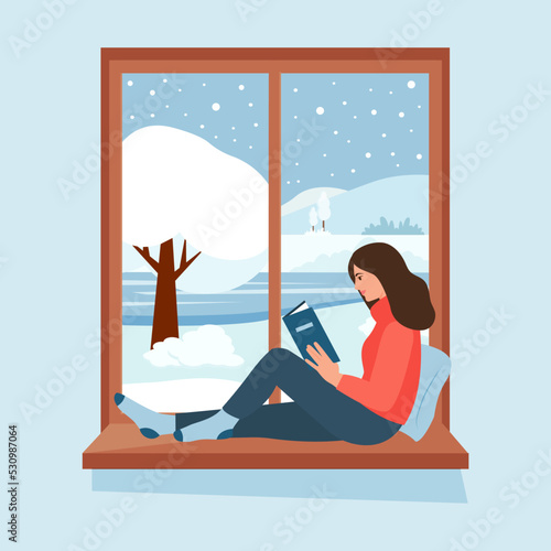 A girl sitting in windowsill and reading a book. Winter season lifestyle. Vector flat style.Vector illustration