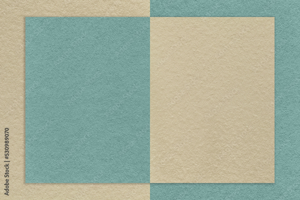 Fototapeta premium Texture of old beige and blue paper background with geometric shape. Brown craft vintage cardboard