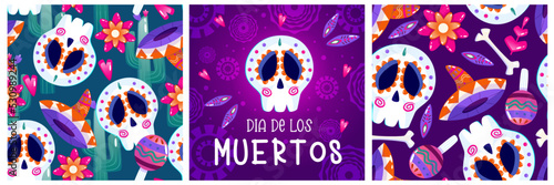 Muertos poster set, day dead with skull on purple background. Halloween costume. Cartoon vector illustration. Holiday Muertos background. Mexico catrina skeleton seamless pattern